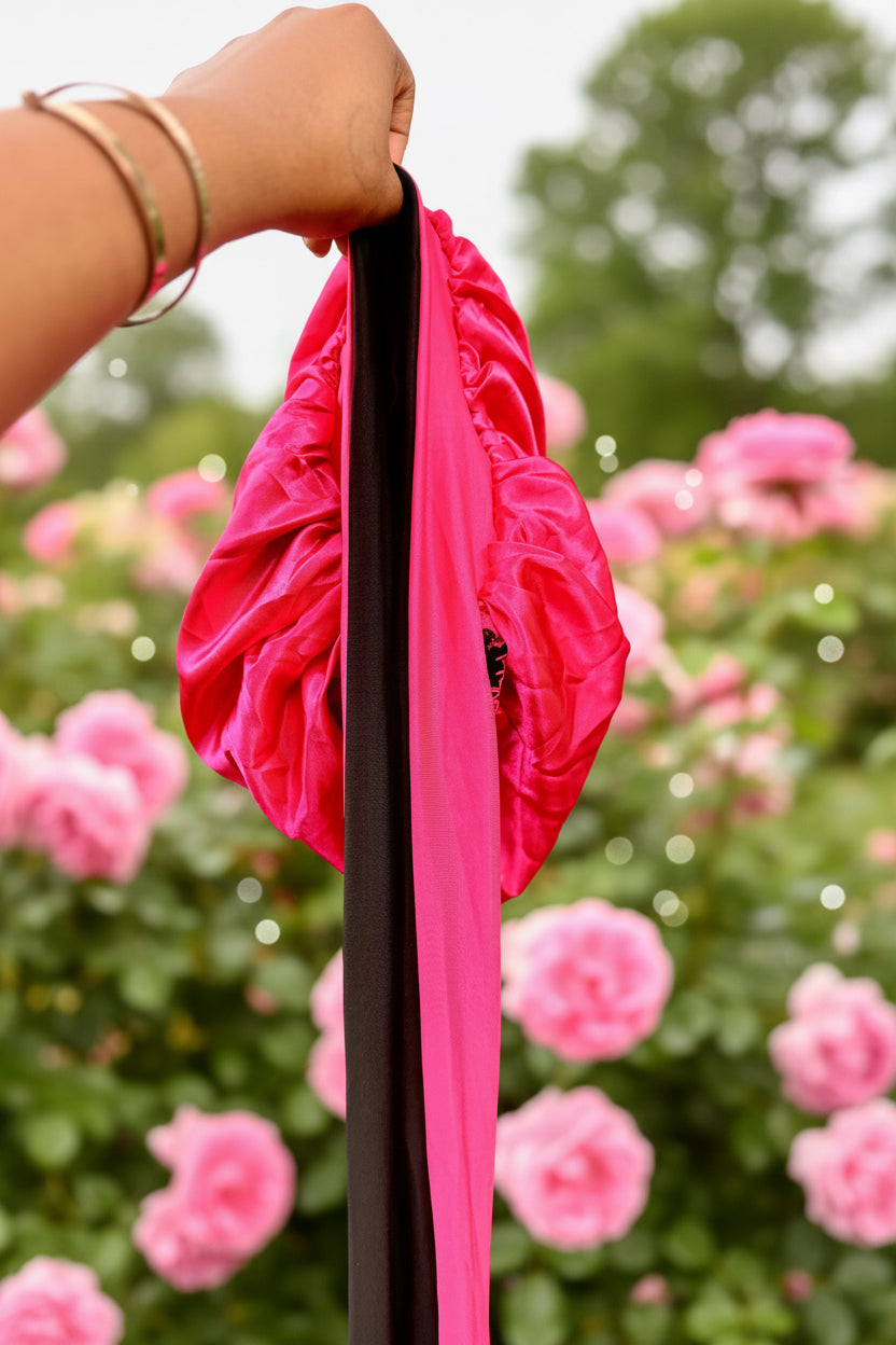 Double layer silk bonnet with fabric straps